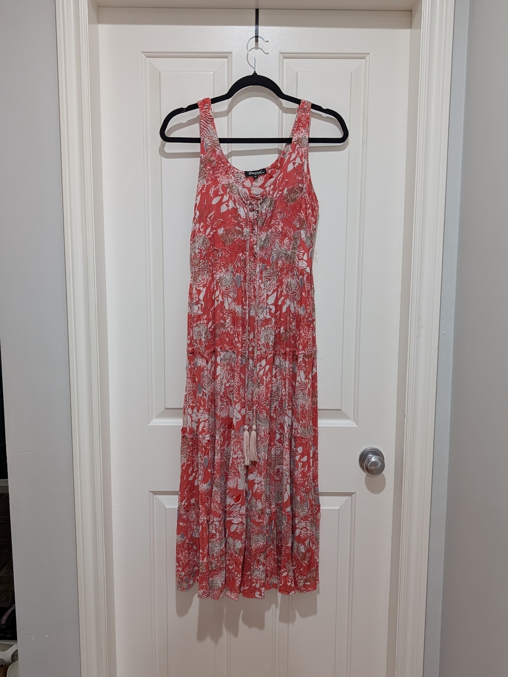 Sleeveless Coral Floral Maxi Dress with Tassel Tie